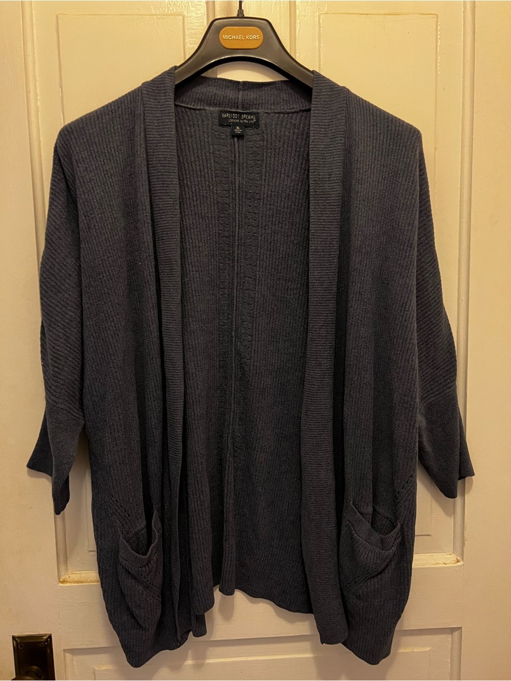 Barefoot Dreams Navy Open-Front Ribbed Pocket Cardigan
